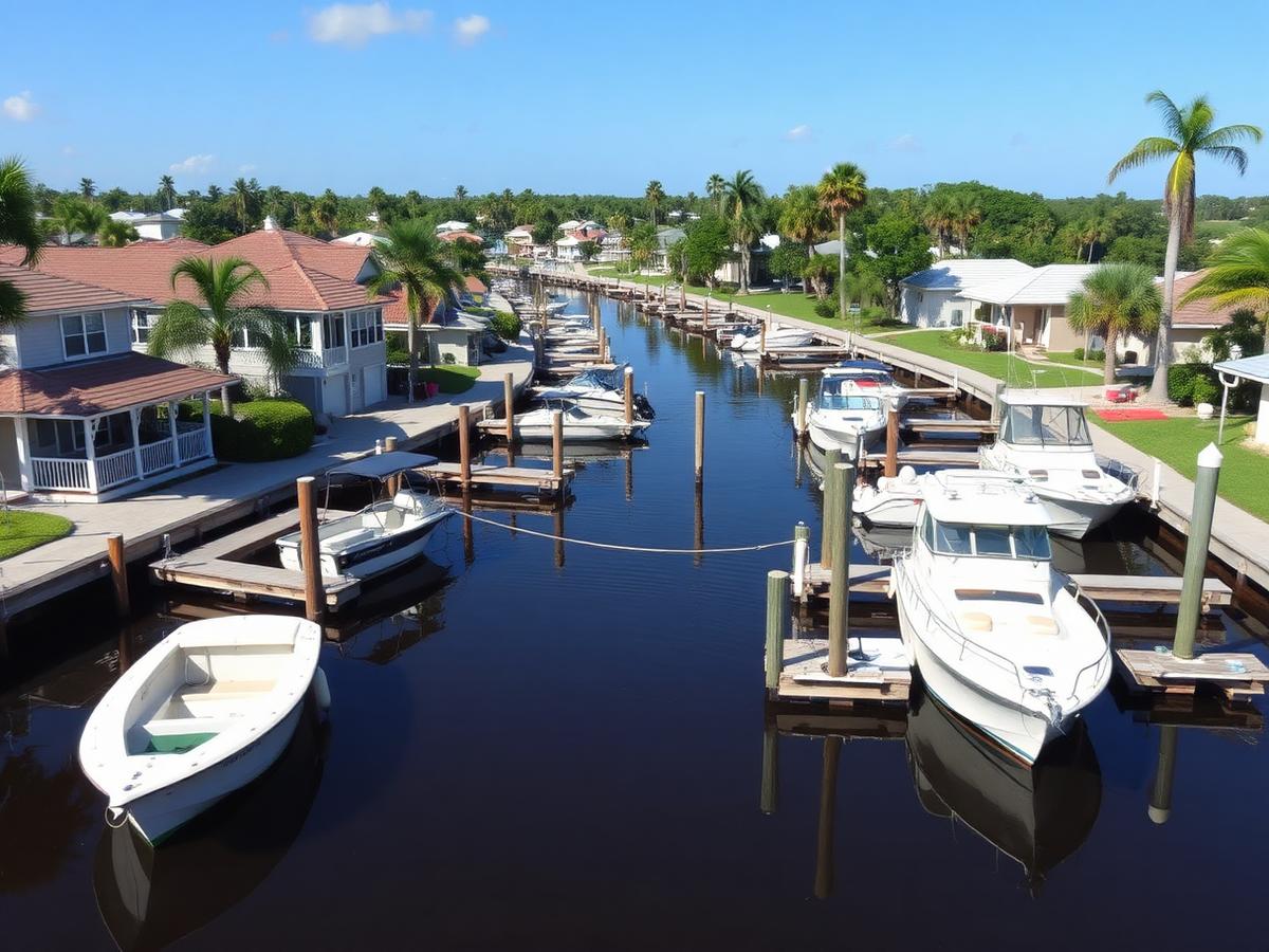 Canal-front homes with private docks and small boats in a Southwest Florida community