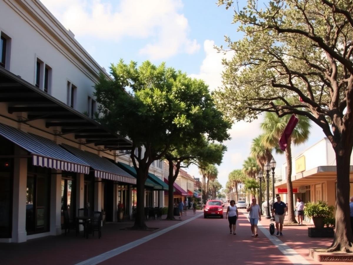 Shaded sidewalk and storefronts along a walkable Florida downtown street
